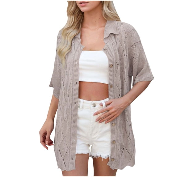 Short Sleeve Crewneck Button Down Womens Sweaters Spring Open Front Chunky Cardigan Sweaters for Women Lapel
