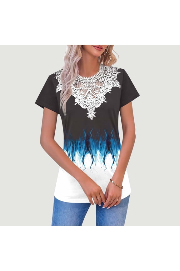 Short Sleeve Crewneck T-Shirt for Women Vintage Floral Graphic Print with Delicate Lace Embroidery Neckline Relaxed Fit Soft Casual Daily Wear Clothes Top