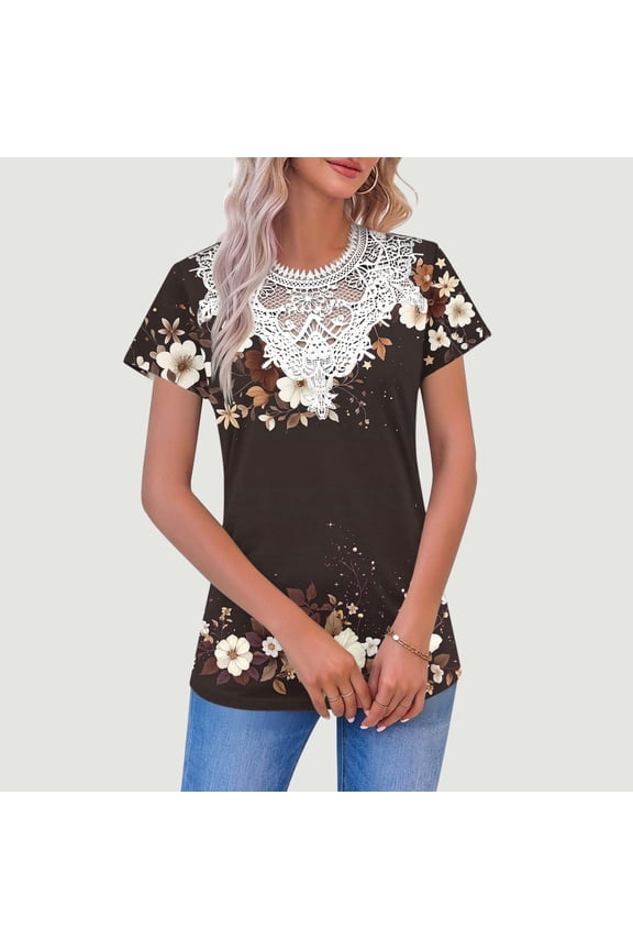 Short Sleeve Crewneck T-Shirt for Women Vintage Floral Graphic Print with Delicate Lace Embroidery Neckline Relaxed Fit Soft Casual Daily Wear Clothes Top