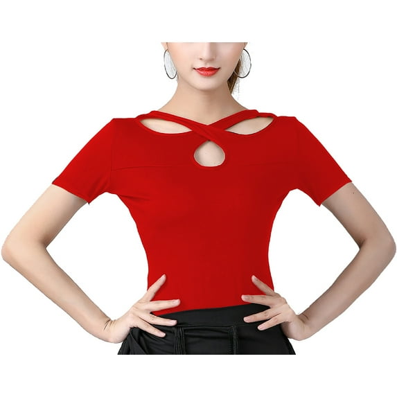 Short Sleeve Criss Cross Knit Top T Shirt For Women Adult Ladies Latin Ballroom Dance Practice