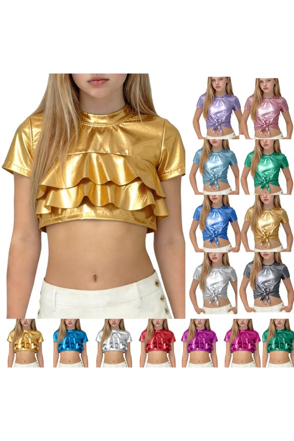 Short Sleeve Crop Top for Girls Metallic Shiny Fabric with Front Tie Knot Crewneck Shirts Dance Party Summer Casual Kids Outfits for Teen