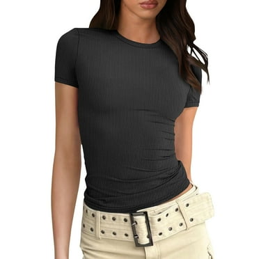Short Sleeve Crop Tops For Women Junior Size Slim Fitted Cute Juniors Basic Tee Teen Girls Outfit Athletic Thermal Tight Shirt Fashion Layering Y2k Crew Neck Tops Black M