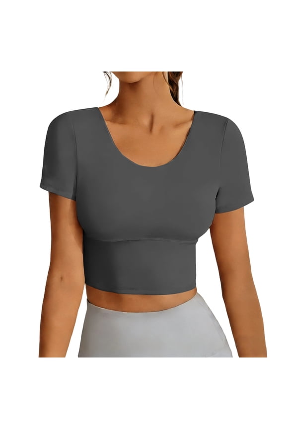 Short Sleeve Crop Tops for Women Stretchy Slim Active Top U Neck Pullover Shirt Backless T-Shirt Easy Breathable Blouses Basic Shirts Summer Casual Tshirt Hiking Yoga Jogger Sports Tees