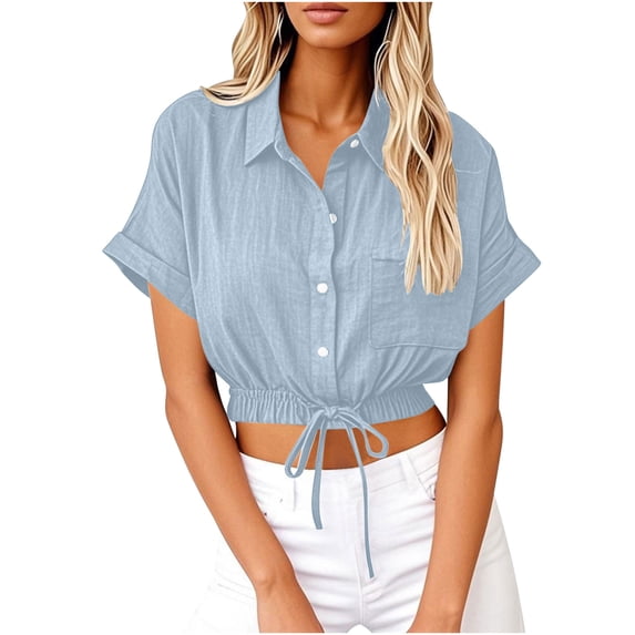 Short Sleeve Crop Tops for Women V Neck Loose Collared Button Down Shirt Summer Drawstring Blouse for Business Casual