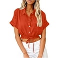 thumbnail image 1 of Short Sleeve Crop Tops for Women V Neck Loose Collared Button Down Shirt Summer Drawstring Blouse for Business Casual, 1 of 6