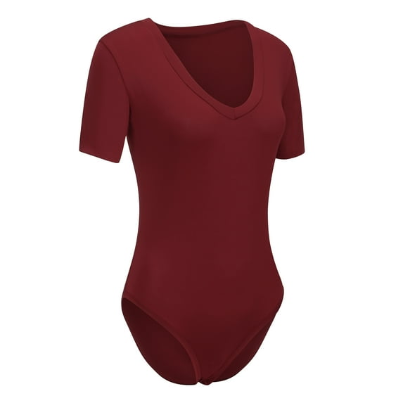 Short Sleeve Deep V Neck Bodysuit, Casual Solid Basic Woman Body, V Neck Bodysuits Slim Tops, Wine Red