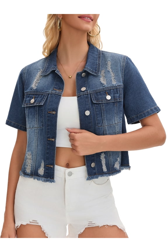 Short Sleeve Denim Jacket Button Up Ripped Frayed Cropped Jean Jacket 2XL Blue