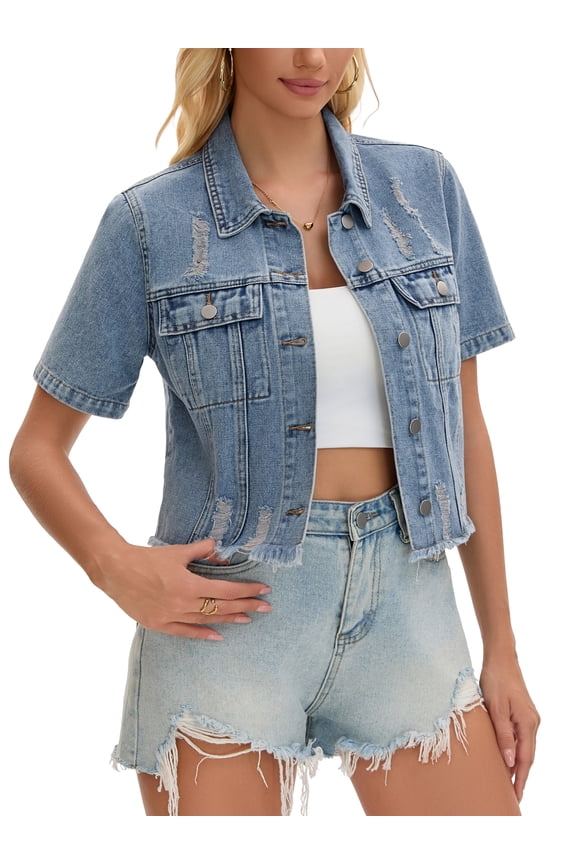 Short Sleeve Denim Jacket Button Up Ripped Frayed Cropped Jean Jacket L Gray Blue