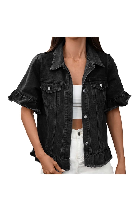 Short Sleeve Denim Jackets for Women Ruffle Button Down Outerwear Lapel Collar Loose Streetwear Jean Jacket