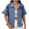 thumbnail image 1 of Short Sleeve Denim Jackets for Women Ruffle Button Down Outerwear Lapel Collar Loose Streetwear Jean Jacket, 1 of 9