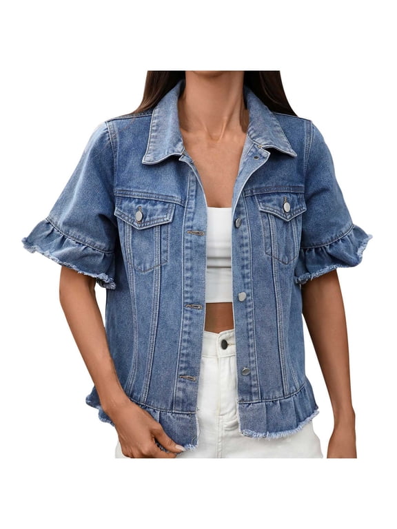 Short Sleeve Denim Jackets for Women Ruffle Button Down Outerwear Lapel Collar Loose Streetwear Jean Jacket