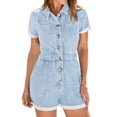 thumbnail image 1 of Short Sleeve Denim Rompers for Women Button Casual Jumpsuits with Pokcet, 1 of 4