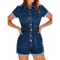 thumbnail image 1 of Short Sleeve Denim Rompers for Women Button Casual Jumpsuits with Pokcet, 1 of 7