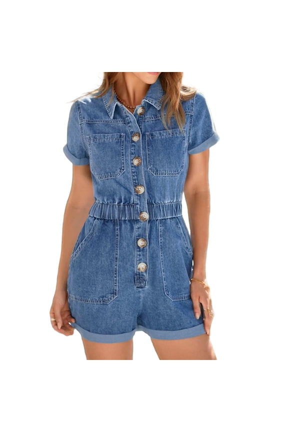 Short Sleeve Denim Rompers for Women Button Casual Jumpsuits with Pokcet