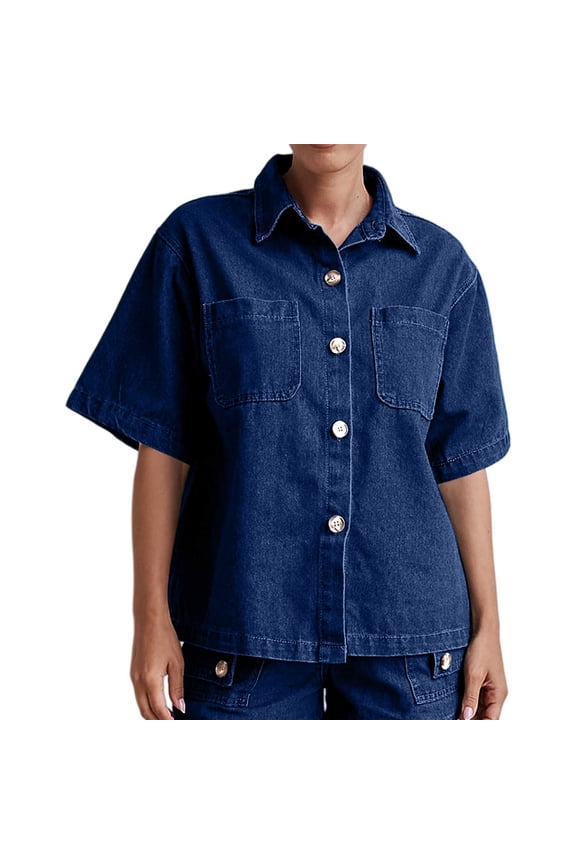 Short Sleeve Denim Shirt for Women Women's Button Down Denim Shirt Casual Loose Short Sleeve Jean Shirts Tops with Pockets Denim Jackets Trendy Cropped Jean Tops Shackets Dark Blue 2XL