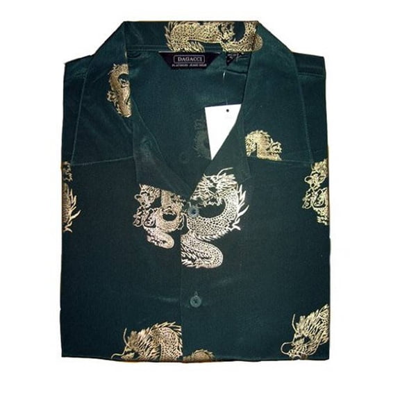 Short Sleeve Dragon Design Button Down Shirt - Green - Small