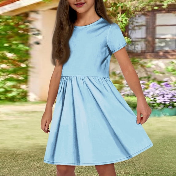 Short Sleeve Dress Girls Summer Kids Toddler Skater Twirl A Line Solid Color T-Shirt Dress Casual 4-14 Y, Light Blue