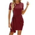 thumbnail image 1 of Short Sleeve Dress for Women Short Sleeve Round Neck Tie Waist Slim Fit Formal Mini Dress Summer Trendy Casual Short Dress Black,XL, 1 of 6