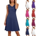 thumbnail image 1 of Short Sleeve Dresses for Women Generic V Neck Ruched Drawstring Sleeveless Solid Mini Dress Multiple Colors Fashion Beach Vacation Clothes Navy (Size:S-4XL), 1 of 8