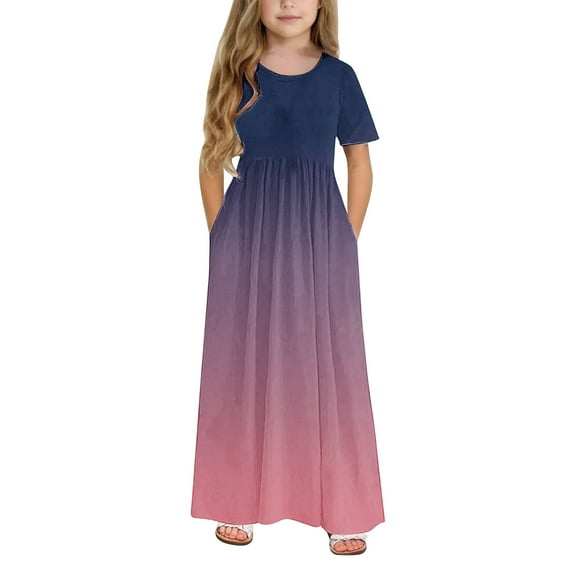Short Sleeve Dresses for Girls with Pockets 4-14Y Teens Kids Trendy Crew Neck High Waisted Gradient Printed Beach A-Line Maxi Dress