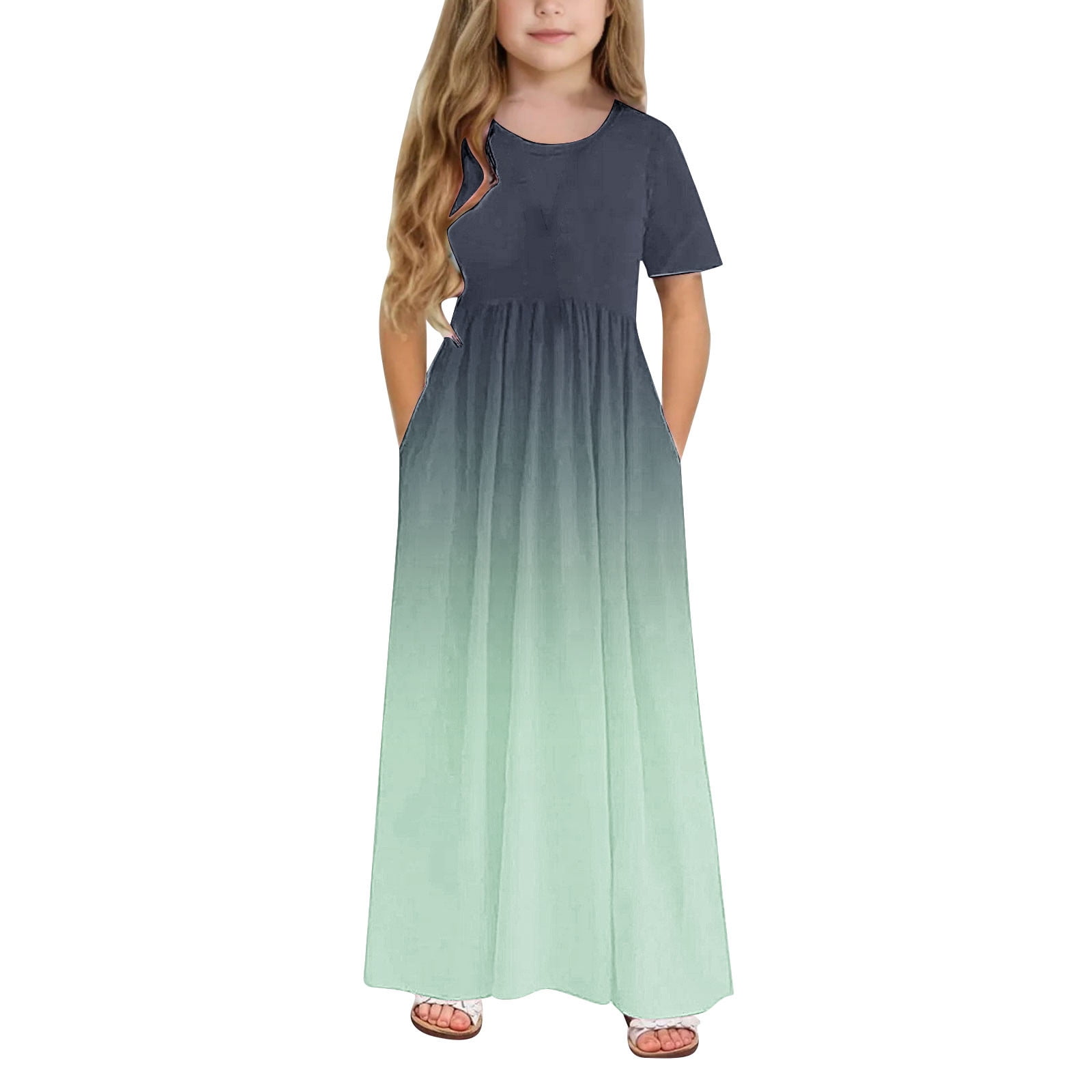 Short Sleeve Dresses for Girls with Pockets 4-14Y Teens Kids Trendy Crew Neck High Waisted Gradient Printed Beach A-Line Maxi Dress