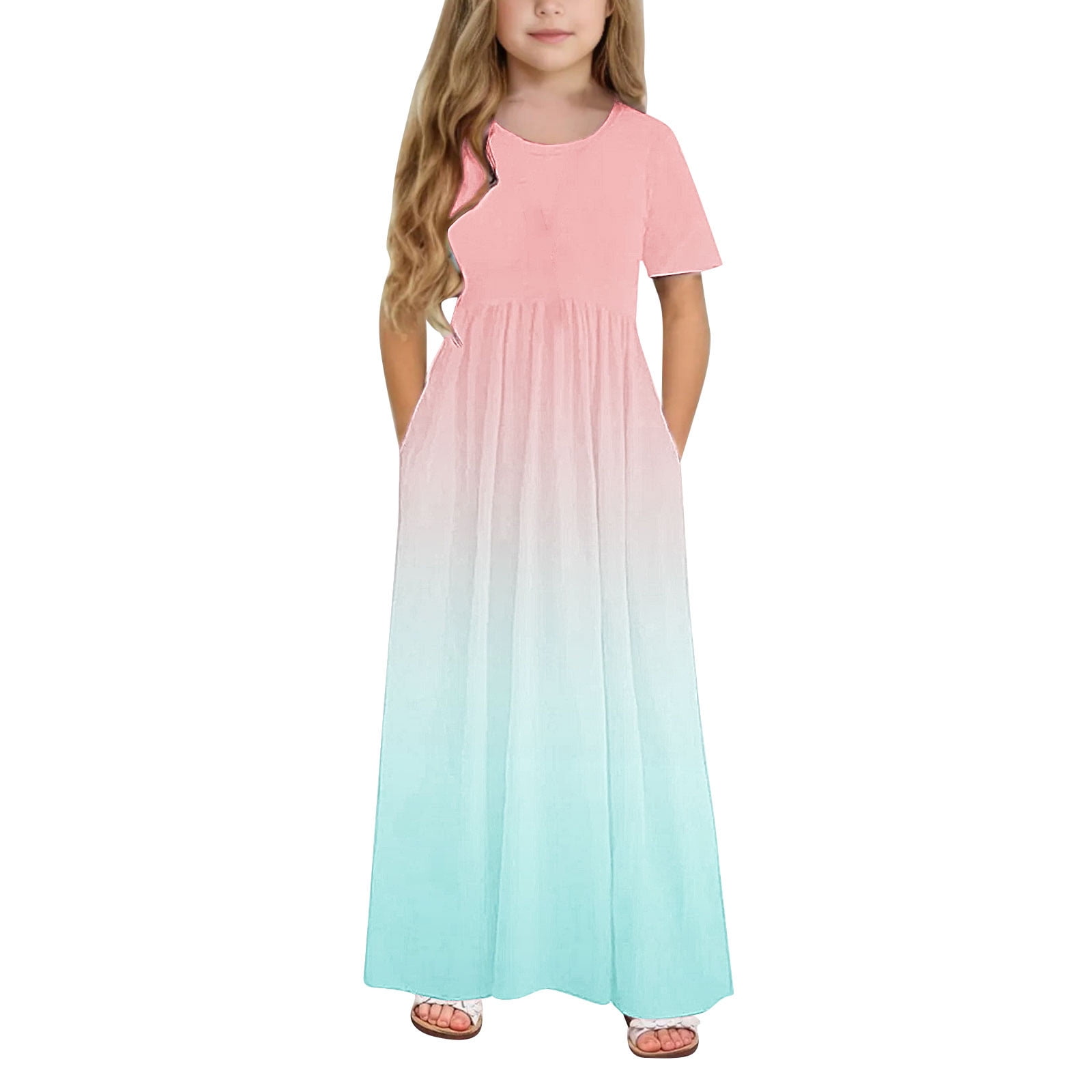 Short Sleeve Dresses for Girls with Pockets 4-14Y Teens Kids Trendy Crew Neck High Waisted Gradient Printed Beach A-Line Maxi Dress