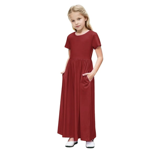 Short Sleeve Dresses for Girls with Pockets Size 4-14 Teens Kids Casual Solid Color Crewneck Pullover A-Line Long Maxi Dress