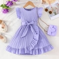 thumbnail image 1 of Short Sleeve Dresses for Little Girls with Belt Size 4-7 Toddlers Kids Trendy Solid Ruffle Sleeve Crewneck A-Line Going-Out Dress 2025, 1 of 6