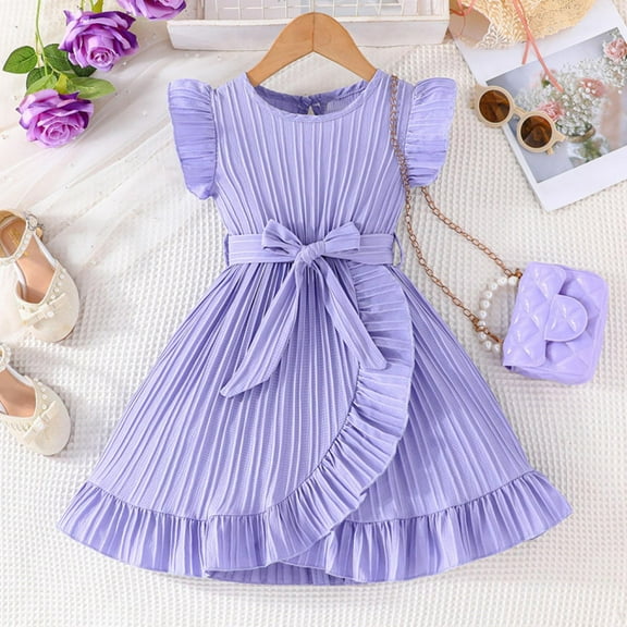 Short Sleeve Dresses for Little Girls with Belt Size 4-7 Toddlers Kids Trendy Solid Ruffle Sleeve Crewneck A-Line Going-Out Dress 2025