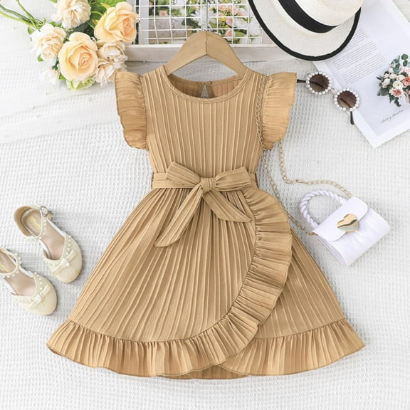 Short Sleeve Dresses for Little Girls with Belt Size 4-7 Toddlers Kids Trendy Solid Ruffle Sleeve Crewneck A-Line Going-Out Dress 2025
