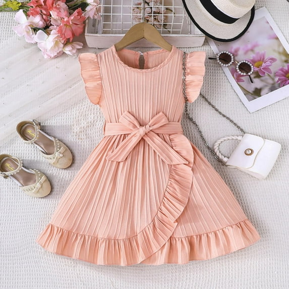 Short Sleeve Dresses for Little Girls with Belt Size 4-7 Toddlers Kids Trendy Solid Ruffle Sleeve Crewneck A-Line Going-Out Dress 2025