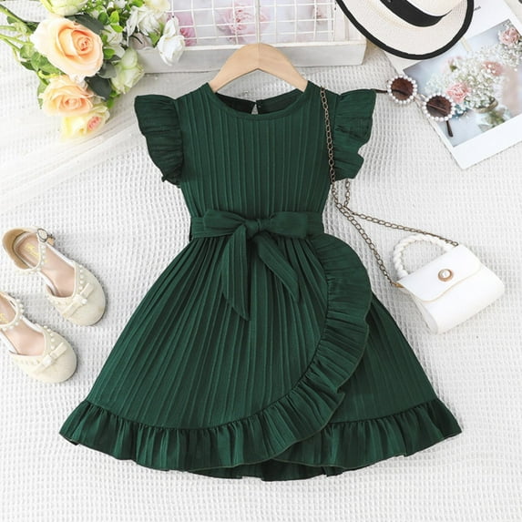 Short Sleeve Dresses for Little Girls with Belt Size 4-7 Toddlers Kids Trendy Solid Ruffle Sleeve Crewneck A-Line Going-Out Dress 2025