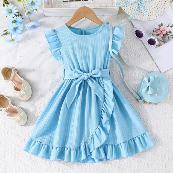 Short Sleeve Dresses for Little Girls with Belt Size 4-7 Toddlers Kids Trendy Solid Ruffle Sleeve Crewneck A-Line Going-Out Dress 2025
