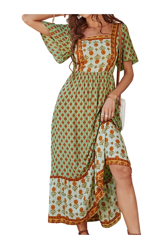 Short Sleeve Dresses for Women Spring Summer Flowy A-Line Boho Maxi Party Long Dress Green XL