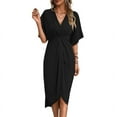 thumbnail image 1 of Short Sleeve Dresses for Women V Neck Pleated Slim Fit Flowy Swing Shift Irregular Midi Dress Black S, 1 of 9