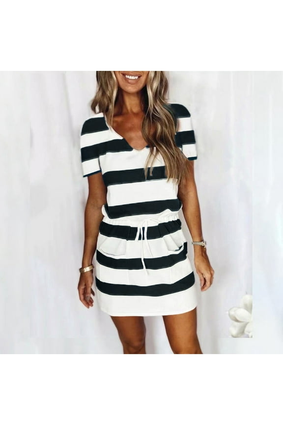 Short Sleeve Dresses for Women with Pockets Striped Vneck Tie Waist Tummy Control Summer Mini Dresses