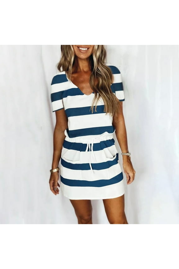 Short Sleeve Dresses for Women with Pockets Striped Vneck Tie Waist Tummy Control Summer Mini Dresses