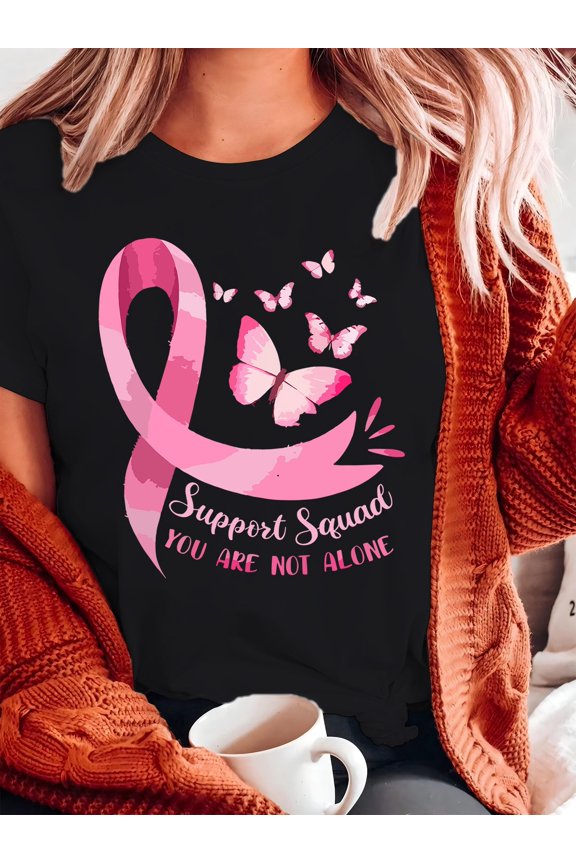 [Short Sleeve Faith Graphic T-shirt] Plus size Breast Cancer Awareness T-shirt - Casual style, light stretch knit fabric, short sleeve, Faith, Hope, Love, Graphic T-shirt