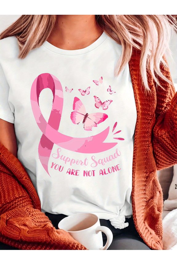 [Short Sleeve Faith Graphic T-shirt] Plus size Breast Cancer Awareness T-shirt - Casual style, light stretch knit fabric, short sleeve, Faith, Hope, Love, Graphic T-shirt