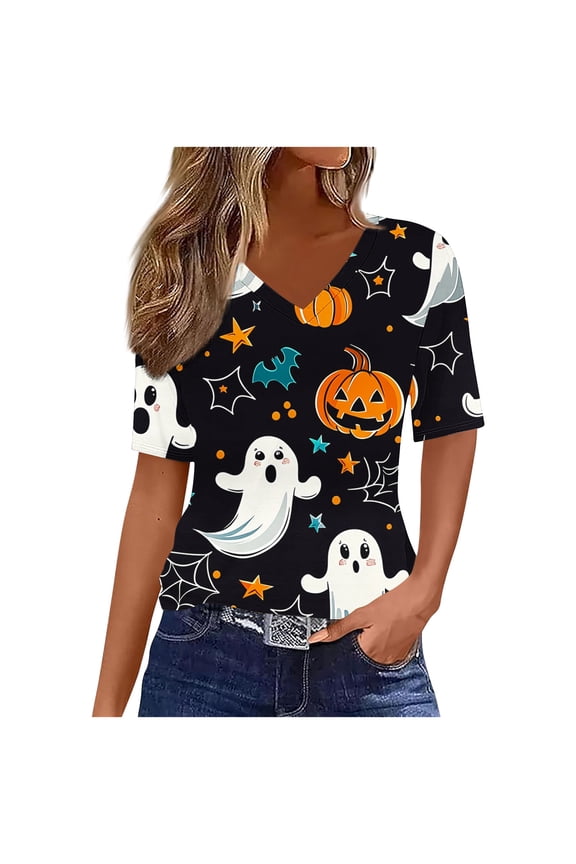 Short Sleeve Fall Shirts for Women V Neck Pumpkin Ghost Graphic Halloween Party Holidays Pullover Tops