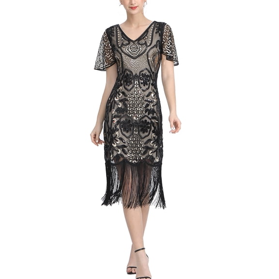Short Sleeve Flapper Wedding Cocktail Evening Dress Adult Charleston Flapper