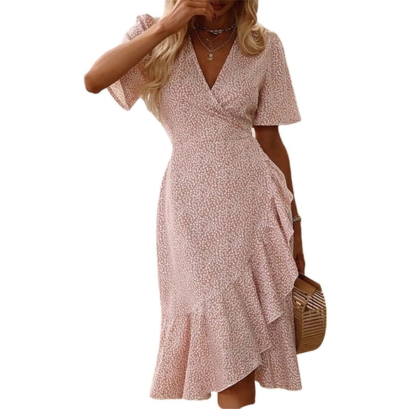 Short Sleeve Floral Printing V-Neck Knee-Length Flared Dress