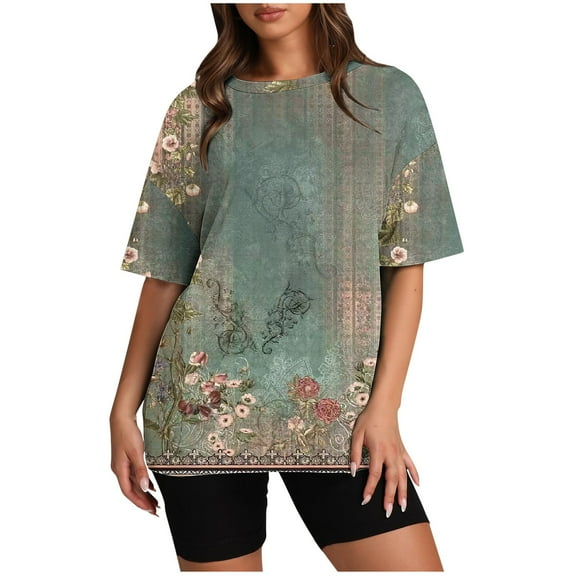 Short Sleeve Floral Tops for Women Plus Size Cotton Oversized Summer Crew Neck Loose Fit Casual Tshirt Blouses (Green XL)
