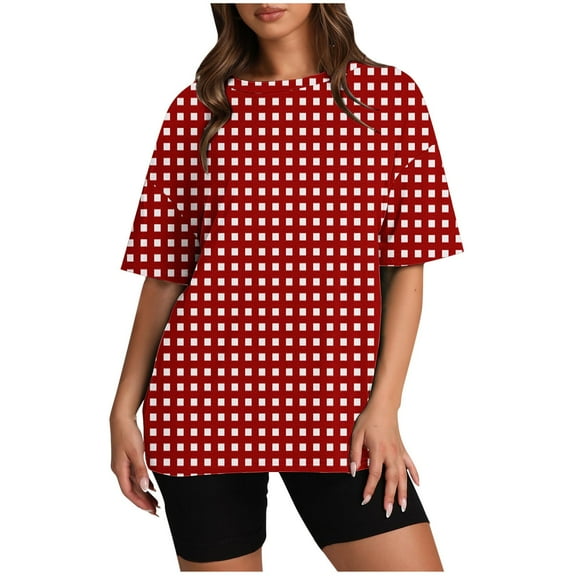 Short Sleeve Floral Tops for Women Plus Size Cotton Oversized Summer Crew Neck Loose Fit Casual Tshirt Blouses (Red M)