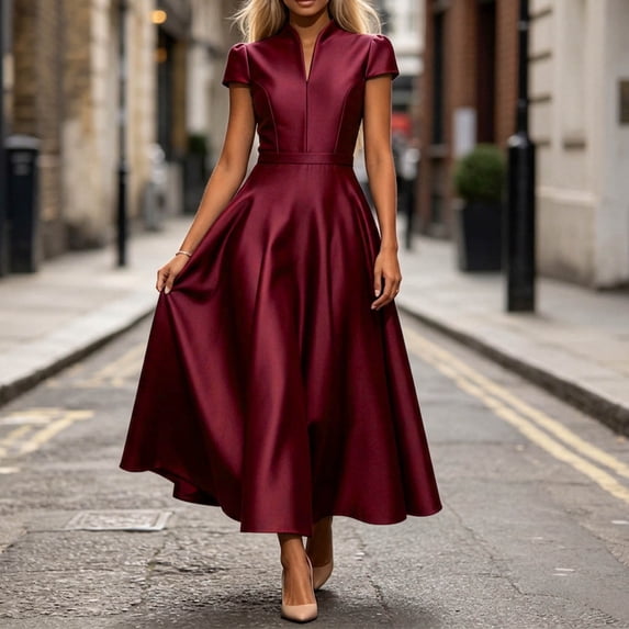 Short Sleeve Formal Dress Elegant Bodycon Ruched Cocktail Wedding Guest Dresses for Women Fall Wine L