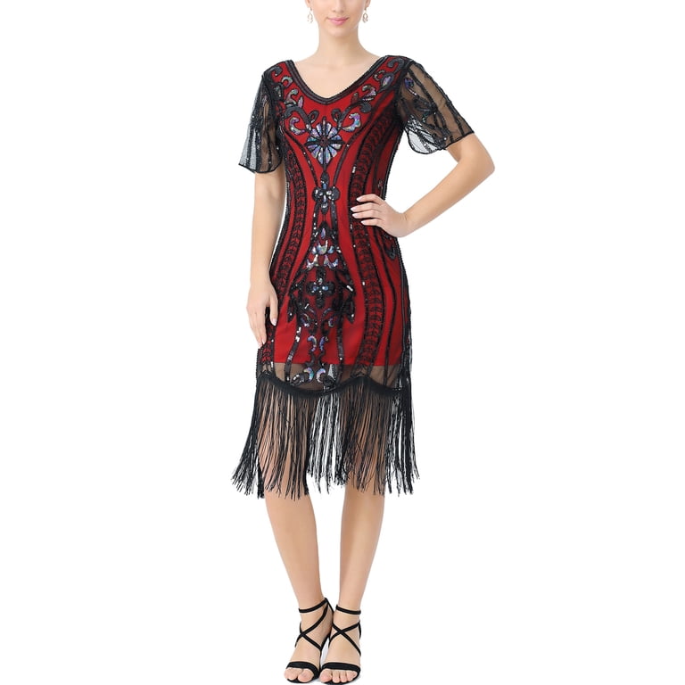 Short Sleeve Fringe Flapper Dress 20S 1920S Retro Style Sequined Fringed -  Walmart.com
