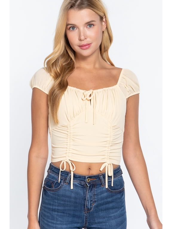 Short Sleeve Front Tie Ruched Detail Woven Top Butter ' L