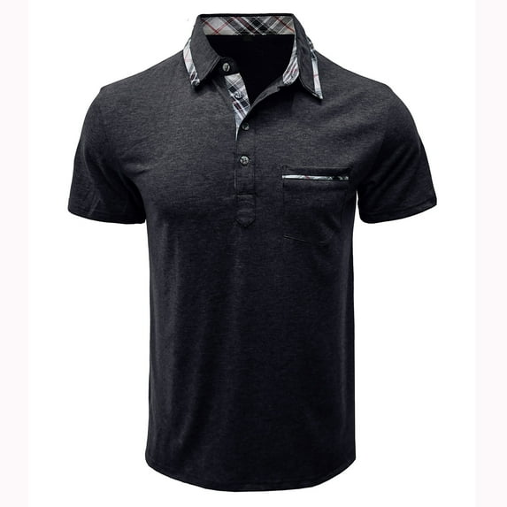 Short Sleeve Golf Shirts for Men Plaid Patchwork Lapel Tennis Shirts Pullover Casual Summer Button Up T-Shirt Tops