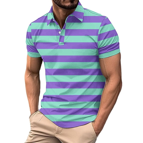Short Sleeve Golf Shirts for Men Pullover Button Collared T-Shirts Mens Casual Stripe Printed Breathable Basic Lapel Athletic Workout Tees Tops