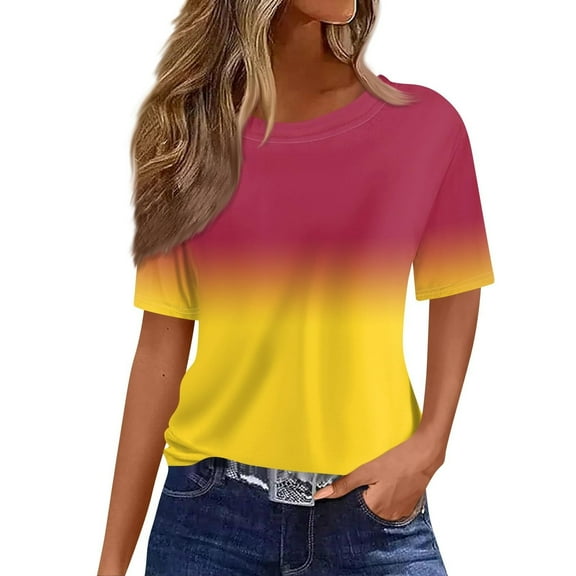 Short Sleeve Gradient Color Print Blouses for Women Lightweight Round Neck T-Shirts Fashion Casual Summer Tops